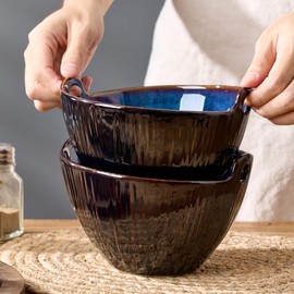 JH JIEMEI HOME Ramen Bowl with Chopsticks and Spoons Set, 7 Inch Ceramic Noodle Bowl Set of 2, Dishwasher Safe for Pho Udon Soba Noodle Salad Pasta, Special Reactive Glazed Dark Blue Bowls Set