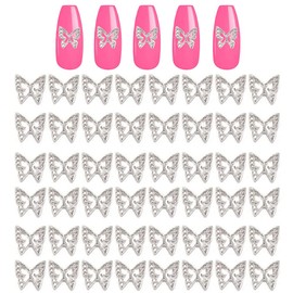 KACHIMOO Silver Butterfly Nail Charms,50 Pieces Nail Charms Nail Butterfly Charms for Acrylic Nails DIY Craft Nail Art Accessories (Silver)