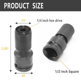 ORTVS Impact Adapter, 1/2 Inch Square Drive to 1/4 Inch Hex Socket Adapter Converter Quick Connect Chuck Adapter, 1/2 to 1/4 Inch Hex Socket Impact Adapter