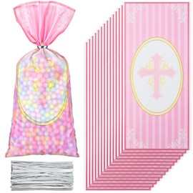 Hotop 100 Pcs Baptism Cellophane Bag Cross Treat Bags with Twist Ties First Holy Communion Party Favor Decoration for Party Supplies Candy Snack Cookie gift Packing