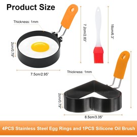 Egg Rings for Frying with Oil Brush, 4 Pcs Stainless Steel Non Stick Egg Moulds with Anti-Scald Folding Handle, Pancake Ring Moulds for Eggs Frying, Shaping, Pancakes, Mini Burger