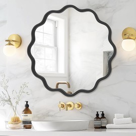 PROHOMEWARE Black Round Mirror 24 Inch Wavy Bathroom Vanity Mirror Gold Frame Modern Wall Mirror Decorative Wall-Mounte Anti-Rust, Tempered Glass