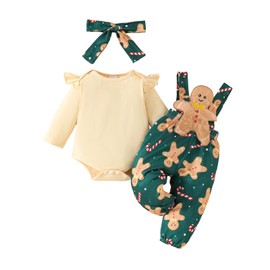 FIOMVA Baby Girl Christmas Outfit Newborn Romper Gingerbread Pants Set Fall Winter Infant Clothes First Christmas Outfits (B Gingerbread Green,6-9 Months)