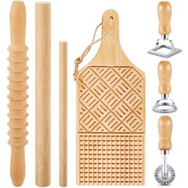 Tioncy 7 Pcs Pasta Making Tool Set Wood Gnocchi Board with Ravioli Stamp Ravioli Maker and Rolling Pin Homemade Gnocco Maker Kitchen Gift for Christmas Baking Lovers(Design Gnocchi Board Set)