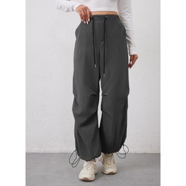 VAKEY Baggy Parachute Pants for Women Wide Leg Y2K Cargo Pants Drawstring High Waist Track Pants Streetwear Grey