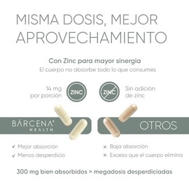 Bārcena Health Vitamina C con Zinc | 90 Cápsulas Veganas | 300mg Vitamina C + 14mg Zinc por porción | Fórmula Pura de Alta Absorción | Sin Aditivos | 