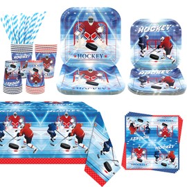 Obussgar Hockey Party Decoration - Hockey Birthday Party Tableware Supplies Includes Plates, Cups, Napkins, Tablecloth, Straws (20)