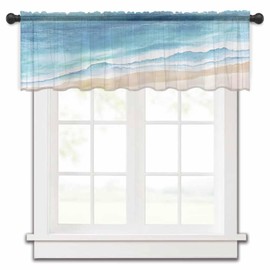 Blue Waves Valance Beach Curtains for Kitchen/Living Room/Bathroom/Bedroom Window, Gradient Oil Painting Sheer Curtain Rod Pocket Small Topper Half Short Abstract Art Window Voile Curtains, 54"x18"