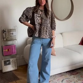 GRMLRPT Tie Front Tops for Women Y2k Puff Sleeve Leopard Print Peplum Babydoll Top Cute Summer Tops Teen Girls Going Out