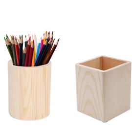 Youery Pack of 2 wooden pen containers, round wooden pen holder, square pen holder, DIY pen holder, suitable for office make-up brushes