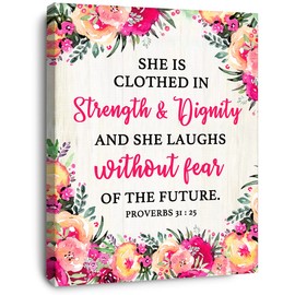 OTINGQD She is Clothed Proverbs 31:25 Canvas Wall Art,Bible Verse Scripture Canvas Painting Prints for Christian Home Bedroom Office Church Religious Wall Decor