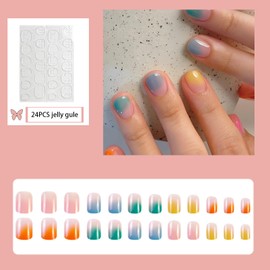 24Pcs Square False Nails Short,Purple French Press on Nails with Flower Designs, Acrylic Full Cover Pink Nails Tips with Jelly Glue for Women Nails Art (Pink,Blue,Yellow,Orange,Green, One Size)