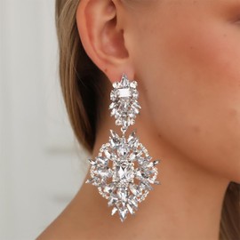 XSBODY Silver Clip On Earrings Dangling For Women Large Rhinestone Statement Chandelier Earrings Non Pierced For Women Prom Earring Trendy Jewelry Accessories