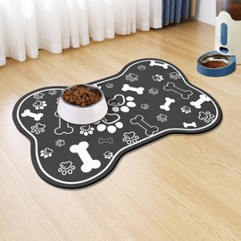 Dog Cat Food Mat,Rapid Absorbent Pet Feeding Mat, Bone Shaped Dog Placemat Water Bowl Mat with Rubber Backing,No Stains Dog Cat Food Mats Indoor, Pet Accessories Supplies 12"x18" Black