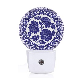 Axayaz Blue Flowers Dusk to Dawn Round Night Light Polynesian Ornament Swirl Circle Totem Auto Sensor Lamp Home Indoor Stairway Kitchen Corridor