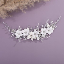 Teyglen Floral White Flower Wedding Hair Vine Bridal Crystal Hair Piece Sparkly Rhinestone Headband Silver Leaf Wedding Hair Accessory for Women Flower Headpiece