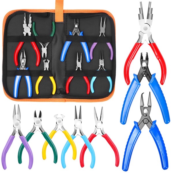 Rustark 9Pcs Jewelry Pliers Set, Long Nose Pliers, Diagonal Wire Cutter, Round Nose Bent Nose Pliers, End Cutting Pliers, Bail Making Pliers, Bead Crimping Pliers, Split Ring Plier for Jewelry Making