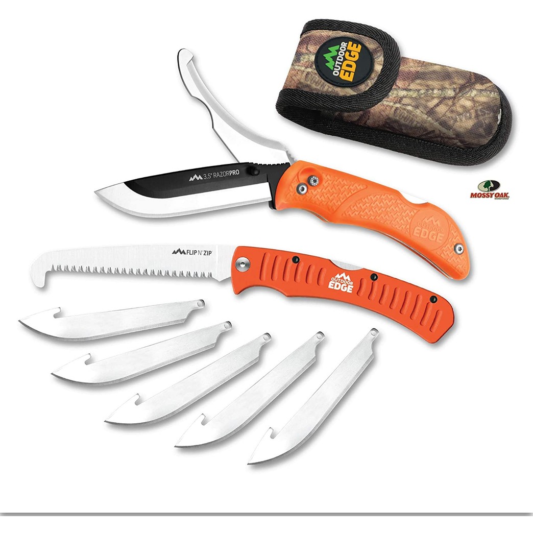Outdoor Edge RazorPro - Double Blade Folding Hunting Knife with 3.5" Replaceable Razor Blade, Gutting Blade, Folding Wood/Bone Saw and Nylon Sheath