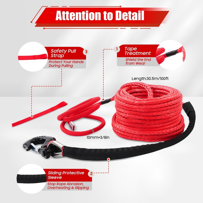 CUBELLIN 3/8" x 100FT Synthetic Winch Rope with Hook, 23,809