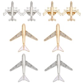 PH PandaHall 10pcs Airplane Brooch Pins 4 Styles Rhinestone Crystal Aircraft Brooches Flight Plane Tie Pins Lapel Pin for Women Men Suit Shirt Sweater Hat Coat Dress Bag Accessories, Platinum, Gold