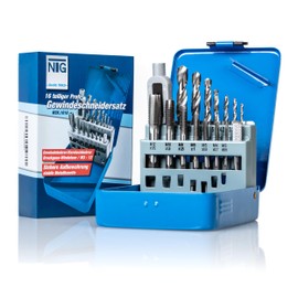 NTG Tap and Die Set Made of HSS Steel, 16-Piece Tap Set in Sizes from M3 - M12 Including Tap Wrench and Storage Box, Thread Cutting Set with Core Hole Drill Set