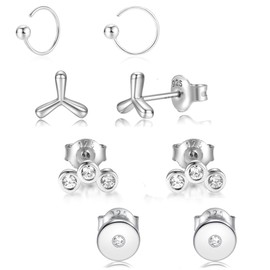 Sterling Silver Stud Earrings Set,18K Gold Plated Small Hypoallergenic Cubic Zirconia Hoop Earrings Pack for Women （4 Pairs）