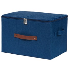 VinneGenzz Storage Bins with Zipper Lid Cotton Linen Fabric Lidded Storage Baskets Boxes Foldable Washable Closet Shelf Clothes Organizer Container with PU Leather Handles (Deep Blue, Large)
