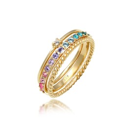 Elli Women's Ring Set Multi-Colour Sparkling with Crystals in 925 Sterling Silver Gold-Plated.