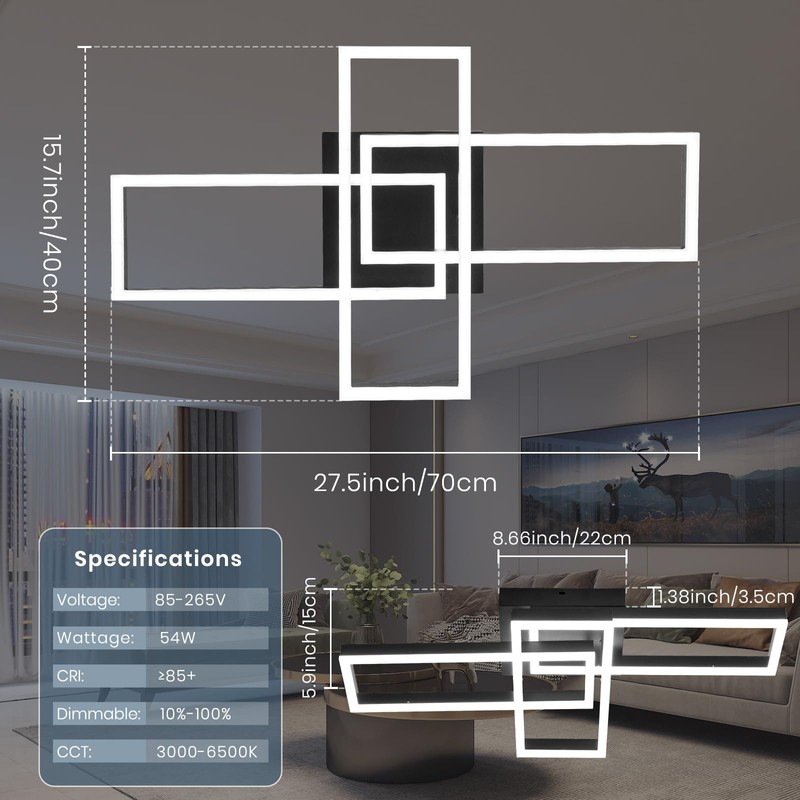 EIDISUNY Modern Led Ceiling Light Fixtures, Black Flush Mount 3-Square