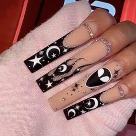 FOXIIU Press on Nails Coffin Long Length Glossy Full Cover Acrylic Coffin Shape French False Nails with Designs Artificial Ballerina Square Fake Nails with Charms Glue ons Nails for Women(XA4036)
