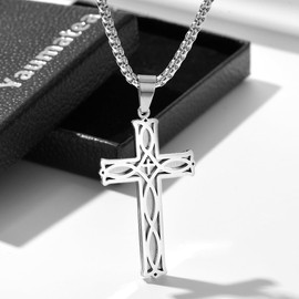 Yaumatea Men's Stainless Steel Infinity Celtic Cross Irish Knot Pendant Necklace, 22+2" Link Chain