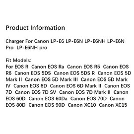 AC/DC Wall Camera Charger for Battery of LC-E6, LC-E6E, LP-E6, LP-E6N which for Camera EOS 5D Mark II, EOS 5D Mark III, EOS 60D, EOS 60Da, EOS 6D, EOS 70D, EOS 7D, EOS 7D Mark II