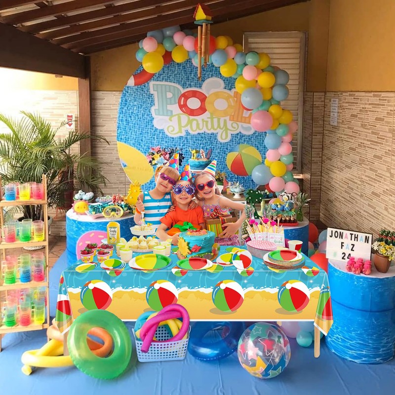 4 Pcs Beach Ball Party Tablecloths - Disposable Pool Party