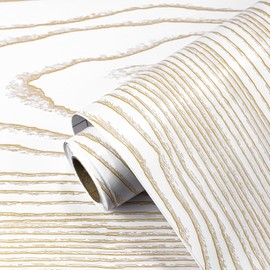 Qianglive Thick Gold and White Wood Contact Paper Peel and Stick Wallpaper, Wood Grain Wallpaper for Countertops Cabinets, Waterproof Self Adhesive Removable Textured Vinyl Roll 15.7"x472"