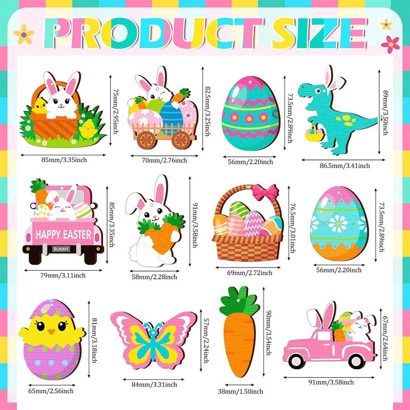 24 Wooden Bunny Easter Pendants with String, 8 cm Eggs,