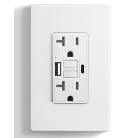 SURAIELEC 20 Amp GFCI Outlet with USB-C & USB-A Ports, Self-Test GFCI Electrical Outlet Combination with USB, Tamper-Resistant GFCI Outlet, Screwless Wall Plate Included, ETL Listed, White,1-Pack