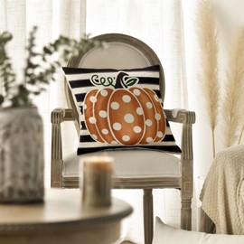 AVOIN colorlife Fall Polka Dot Pumpkin Throw Pillow Cover 18x18 Inch, Seasonal Autumn Thanksgiving Harvest Stripes Decoration for Home Sofa Couch