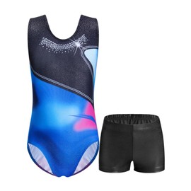Domusgo Gymnastics Leotards for Girls 6-7 Years Old Sparkly Blue Black Set with Matching Shorts