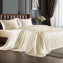 BEDELITE Satin Sheets Twin Size Bed Set, Luxury Soft Beige Silky Sheets for Hair and Skin, Similar to Silk Bed Sheets Set 3 Pieces with 1 Deep Pocket Fitted Sheet, 1 Flat Sheet, and 1 Pillowcase