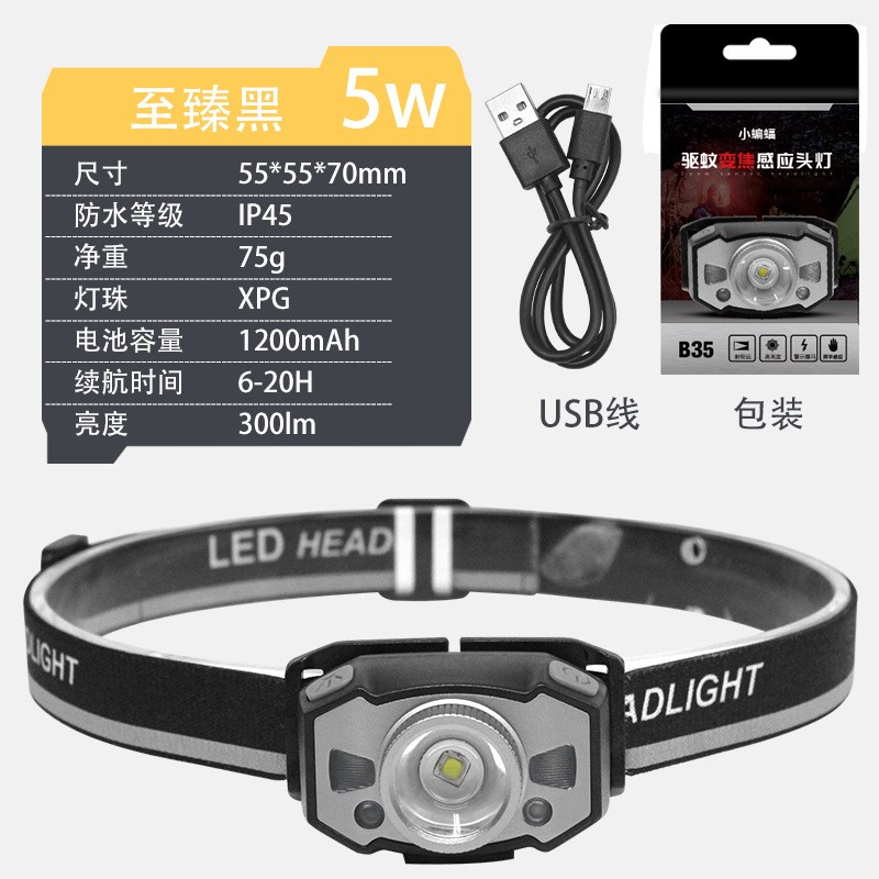 Outdoor Headlamp Zoom Infrared Sensing USB Charging LED Head Light