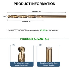 METALLIXITY Drill Bit (1/8") 10Pcs, 4241 High-Speed Steel Straight Shank Gold Finish 118° for Wood Plastic Iron Copper Aluminum Low Soft Metal