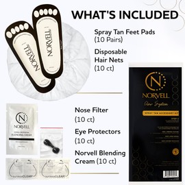 Norvell Spray Tan Accessory Kits – Tanning Essentials Single-Use Kits with Spray Tan Feet Pads, Hair Nets, Nose Filters, Eye Protectors & Blending Cream – (10 Single-Use Kits)