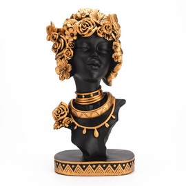BRABUD Resin Black Girl with Gold Rose Statue African Girls Tribal Lady Figurine Modern Home Decor Collection Gift Crafts Ornaments 10.6'' (H) TQSHBS6