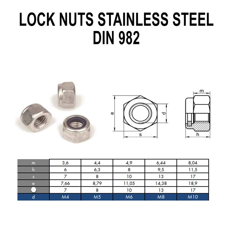 M5 Self-Locking Nuts Marine Grade Lock Style in A4 Stainless