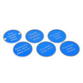 Fire Exit Signs, Disc, Door Signage, Satin Stainless Steel, Blue & Natural text (Automatic Fire Door Keep Clear - Drilled & Countersunk)