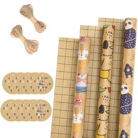 RUSPEPA Wrapping Paper Rolls with Gift Tags and Jute String - Mini Roll - 17 inches x 10 feet per Roll, Total of 3 Rolls, Animal