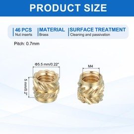 sourcing map 46 Pcs Threaded Inserts, M4 Brass Heat Set Insert for 3D Printing and Plastic Material Female Knurled Insert Nuts for Laptops Electronic Products, M4x5.5x5mm
