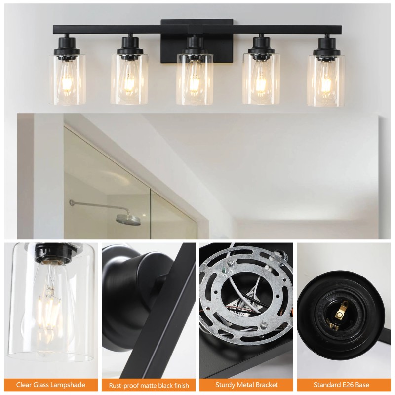 31" Modern Black 5-Light Bathroom Vanity Light Fixture, Industrial Wall