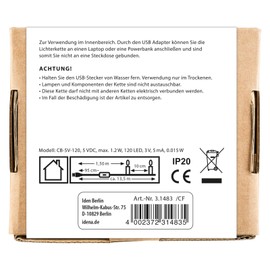 Idena 31483 - Catena luminosa LED Micro con 120 LED in bianco caldo, alimentazione USB, con interruttore, per uso interno, per feste, Natale, decorazione, matrimonio, come luce d'atmosfera