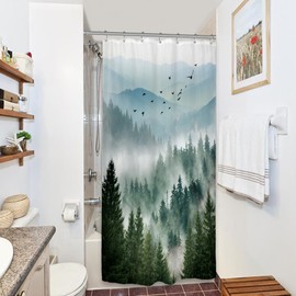 Riyidecor Small Stall Mountain Shower Curtain 36Wx72H Inch Green Rv Single Rustic Foggy Misty Nature Pine Tree Scenery Woodland Mens Bathroom Decor Fabric Polyester Waterproof 7 Pack Hooks